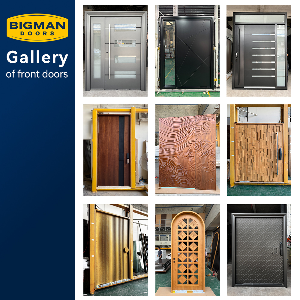 Puerta pivotante de seguridad de metal pesado, estilo minimalista británico moderno, gris oscuro mate, con sistema antirrobo, para exteriores de villas y cocinas.