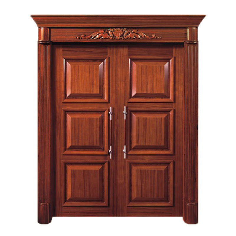 Puertas de entrada dobles de madera maciza de caoba, de estilo tradicional, con apertura manual y superficie acabada, ideales para villas.