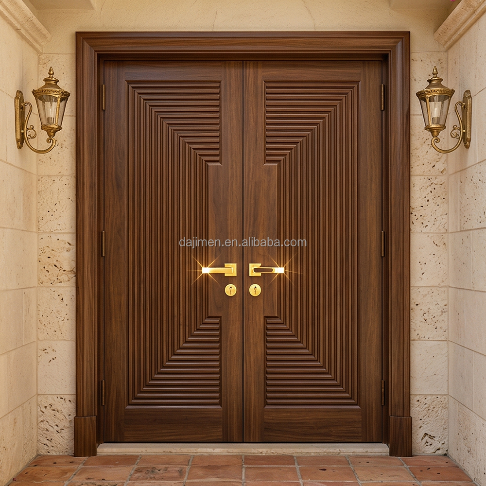 Villa residencial de lujo con entrada de gran tamaño y puerta doble de madera maciza. Puerta de entrada exterior.