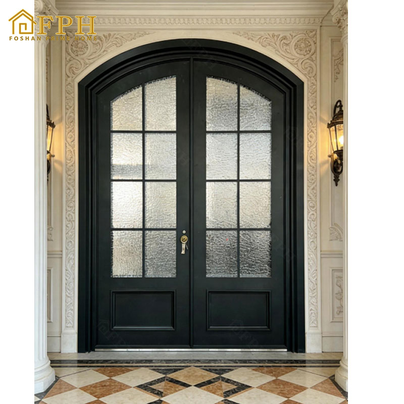 Puerta de entrada doble de aluminio estilo francés moderno DDP para EE. UU. con vidrio templado y puerta exterior arqueada para casas.