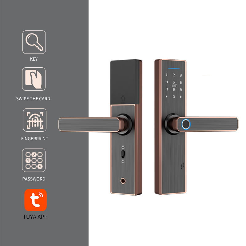Cerradura inteligente Tuya de aleación de aluminio con lector de huellas dactilares digital, tarjeta de acceso y desbloqueo mediante aplicación para la seguridad del hogar.