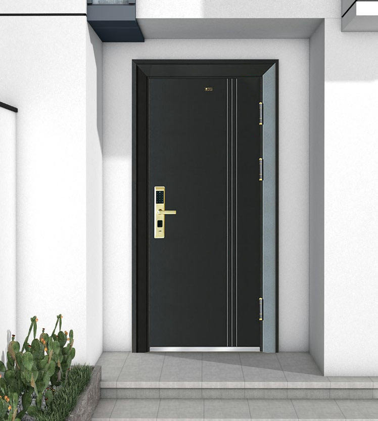 Puerta principal de seguridad antirrobo con estructura blindada de acero y madera de estilo italiano.
