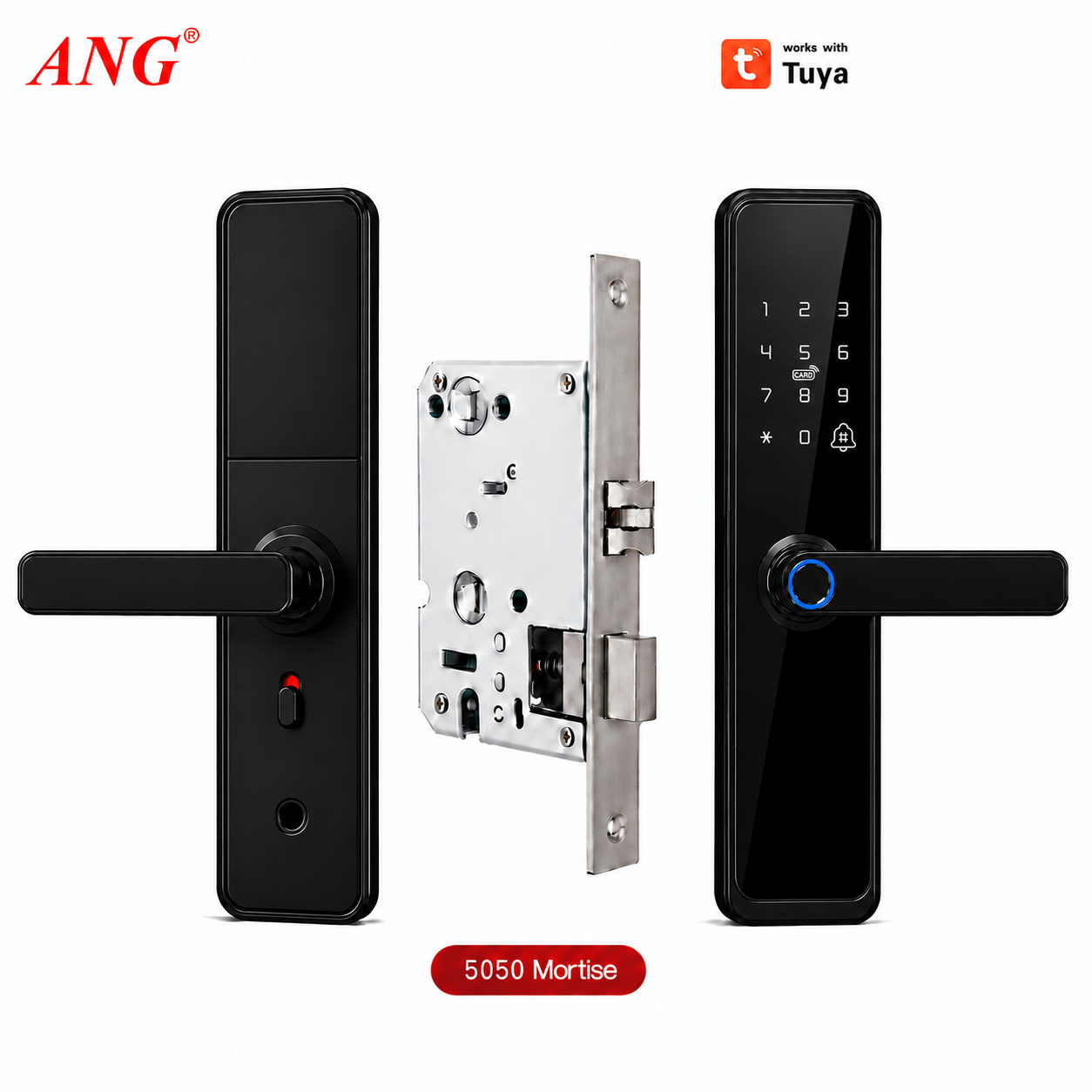 Cerradura de puerta digital ANG Safety con lector de huellas dactilares, de aleación de aluminio, con teclado inteligente y llave de contraseña. Compatible con cerraduras Tuya.