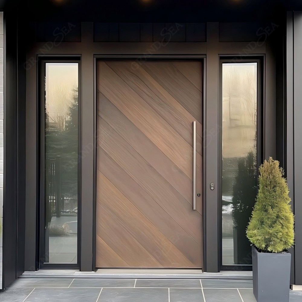 Puerta de entrada pivotante moderna de una sola hoja con cerradura inteligente integrada y manija larga oculta. Puertas de entrada personalizadas para villas.