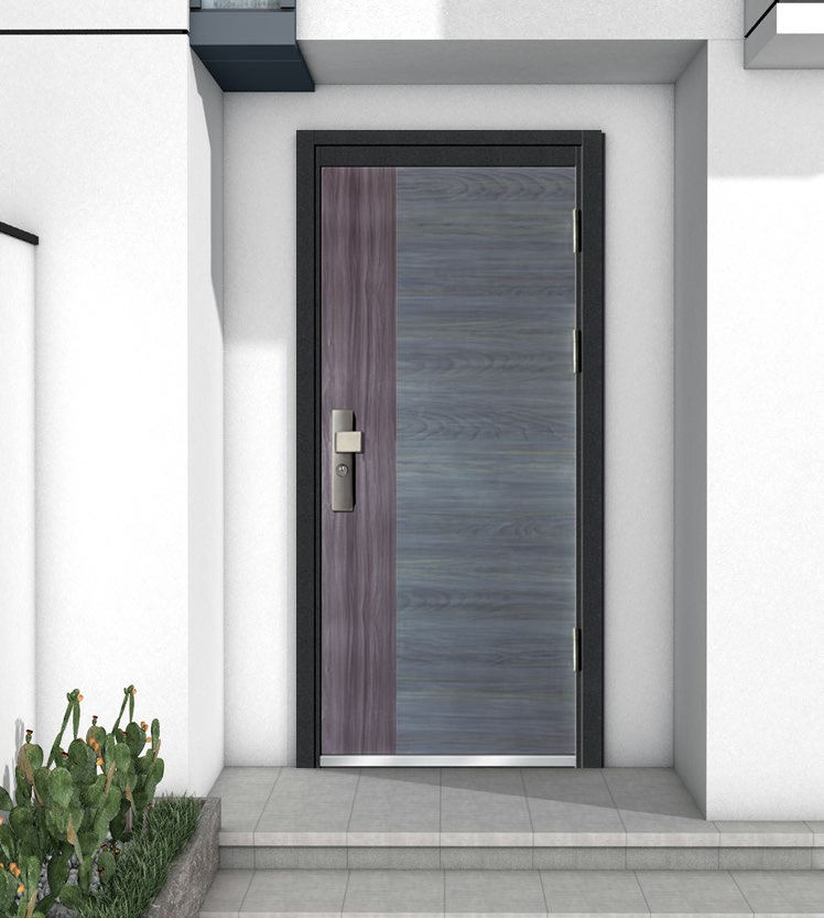 Puerta principal de seguridad antirrobo con estructura blindada de acero y madera de estilo italiano.