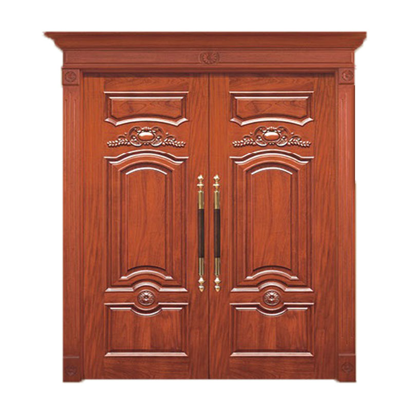 Puertas de entrada dobles de madera maciza de caoba, de estilo tradicional, con apertura manual y superficie acabada, ideales para villas.