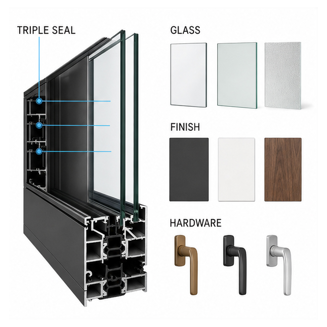 Puertas correderas de aluminio a medida para terrazas de hoteles, balcones de villas, apartamentos y espacios exteriores modernos.
