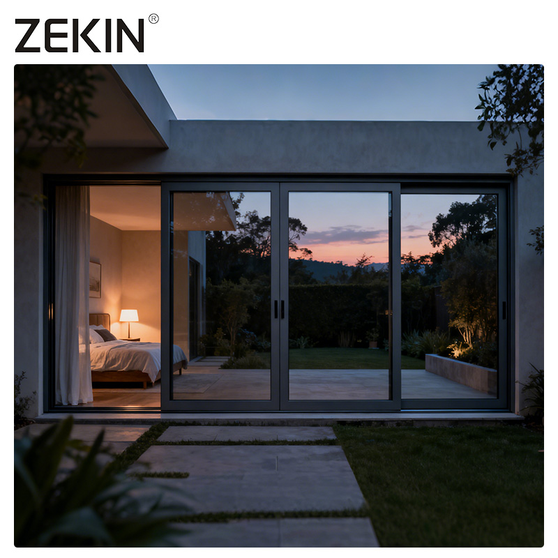 Puertas y ventanas exteriores estándar ZEKIN de doble acristalamiento con vidrio de baja emisividad, insonorizadas, color negro, para patio, aluminio, Australia.