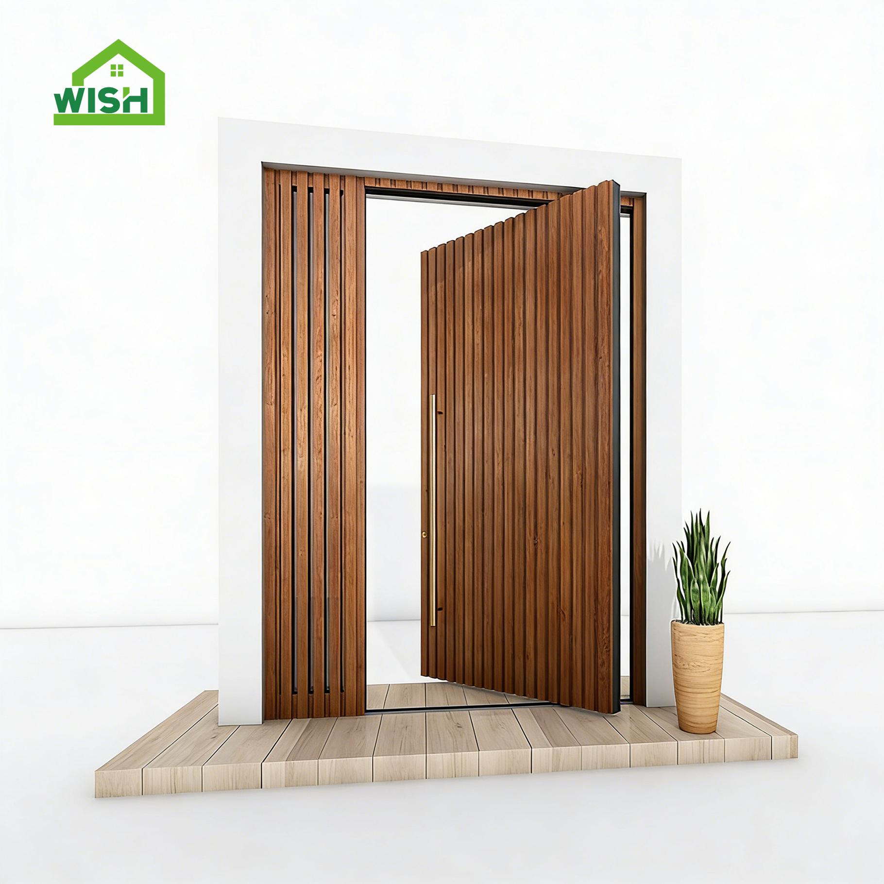 Diseño de puerta de entrada pivotante con acabado insonorizado y madera maciza para villa de lujo.