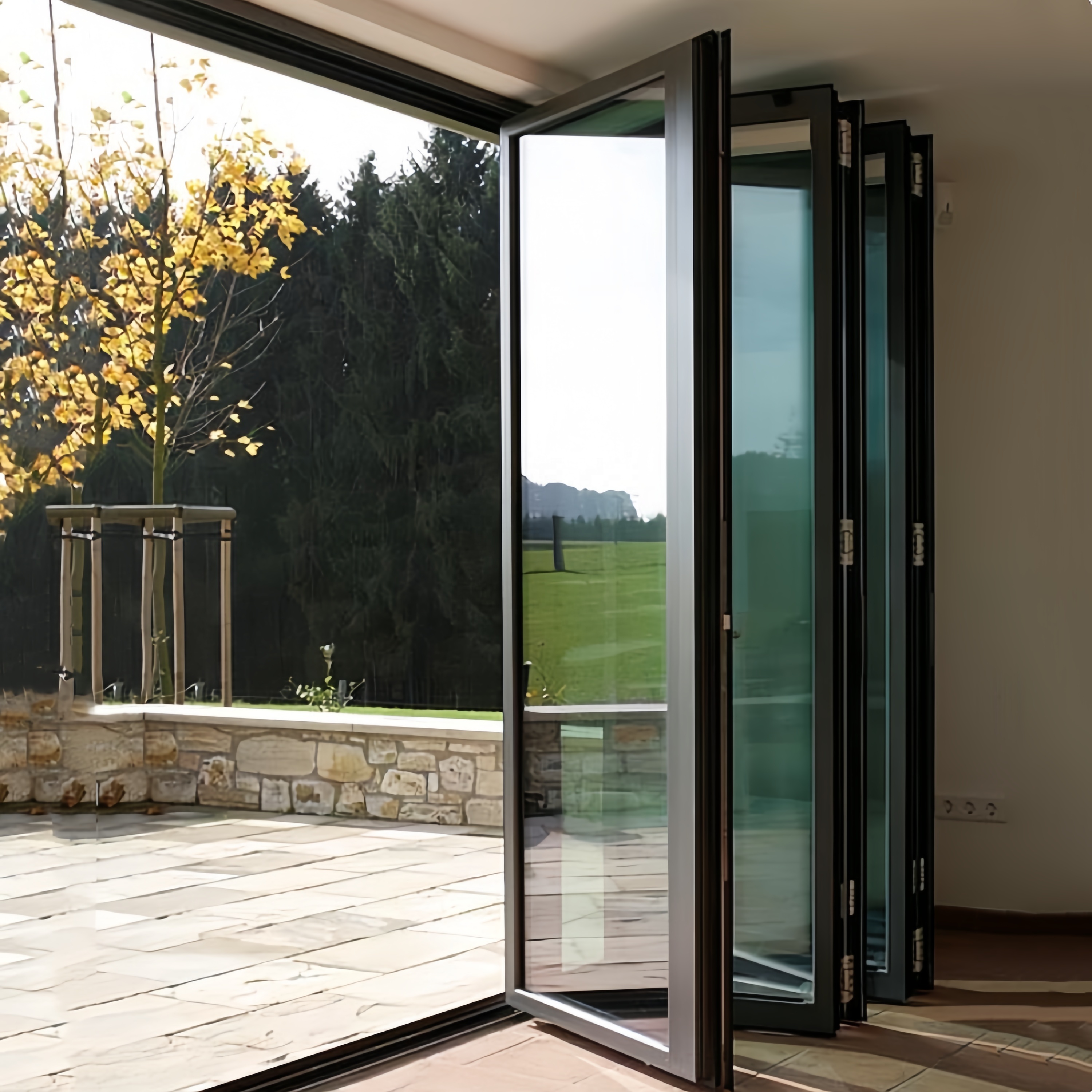 Puertas plegables de aluminio de doble cristal templado, estilo sencillo, de alta seguridad y eficiencia energética, personalizadas para portón de entrada y resistentes a huracanes.