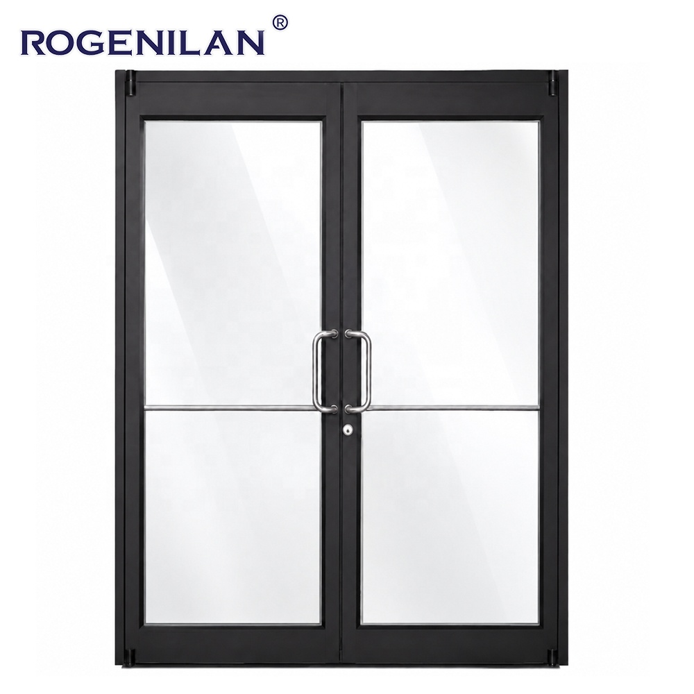 Puerta de entrada comercial de seguridad de aluminio a medida Rogenilan, con vidrio templado exterior y doble hoja batiente.