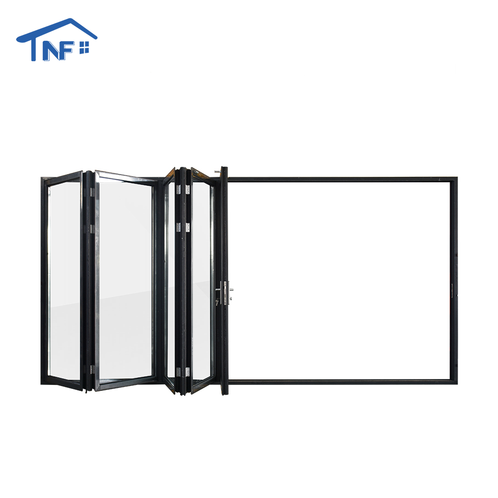 Puertas exteriores plegables de doble panel de vidrio sin marco, de aleación de aluminio, para hoteles modernos, con aislamiento térmico y certificación CE.