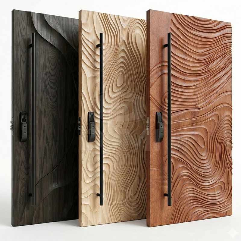 Lujosa puerta de entrada principal de madera maciza de diseño irregular y fluido para viviendas residenciales modernas.