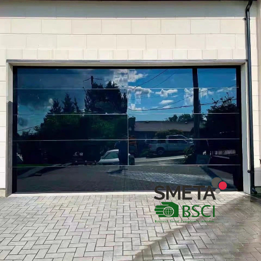 Puerta de garaje seccional Andexin sin marco, de cristal transparente con paneles templados, ideal para entradas de villas, tiendas y talleres.