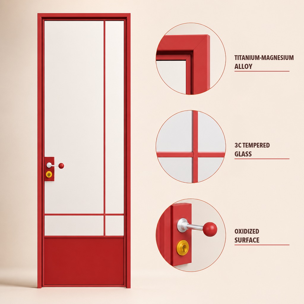 Puerta abatible de aleación de aluminio, resistente a la humedad y a la corrosión, con acabado de vidrio, para tabiques interiores, ideal para baños, cocinas y hospitales.