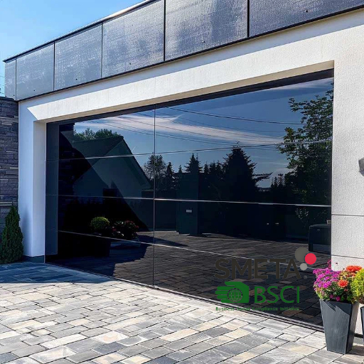 Puerta de garaje seccional Andexin sin marco, de cristal transparente con paneles templados, ideal para entradas de villas, tiendas y talleres.