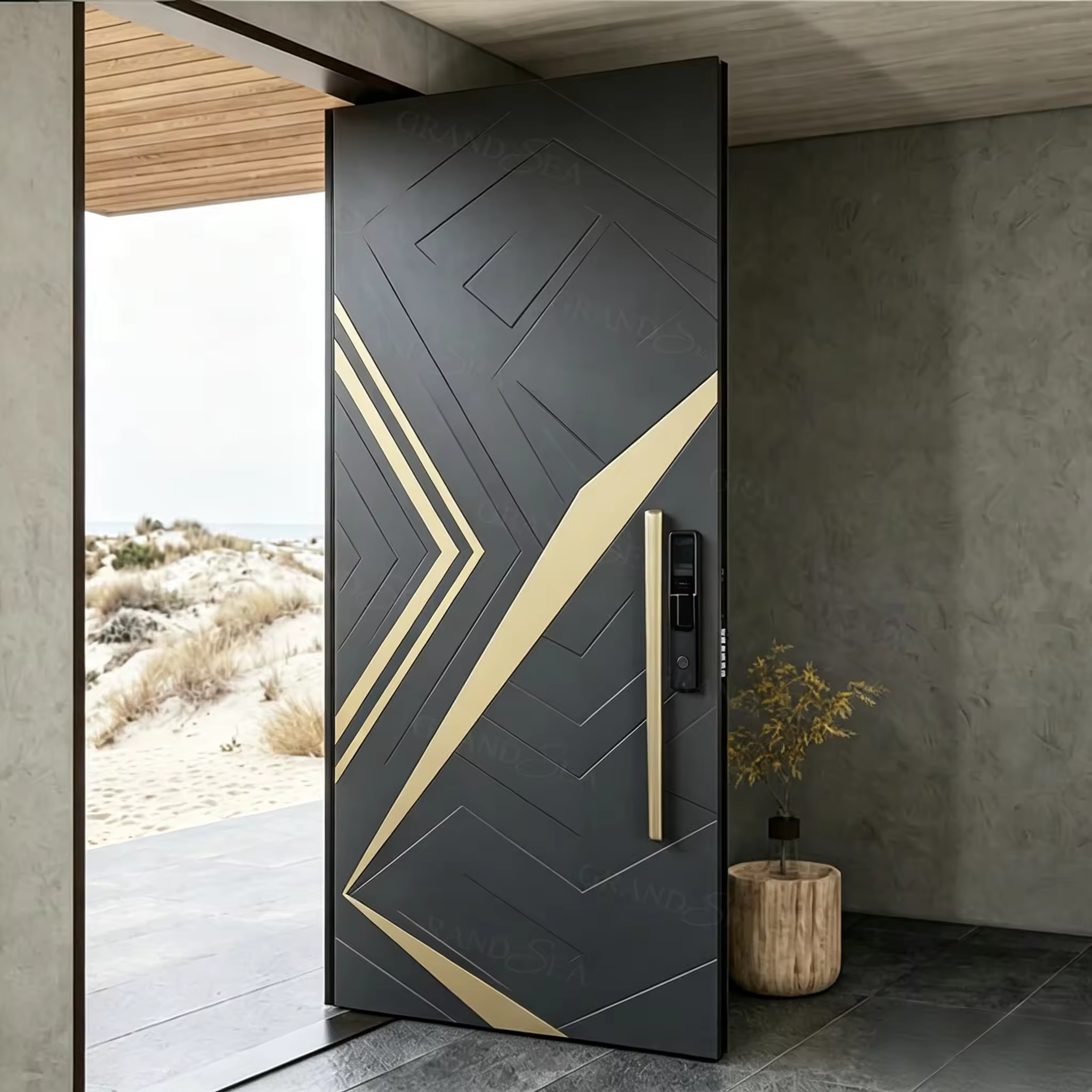 Puerta de entrada pivotante moderna de lujo, color gris oscuro, con relieve geométrico 3D, incrustaciones de metal dorado y tira de LED integrada.