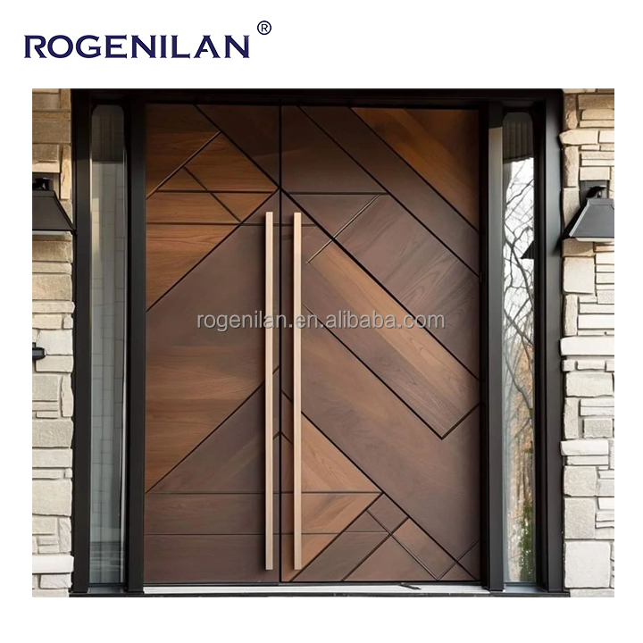 Puertas de aluminio blindadas de alta gama para la entrada principal de villas Rogenilan, con diseño personalizado de vetas talladas en 3D y cerradura inteligente.