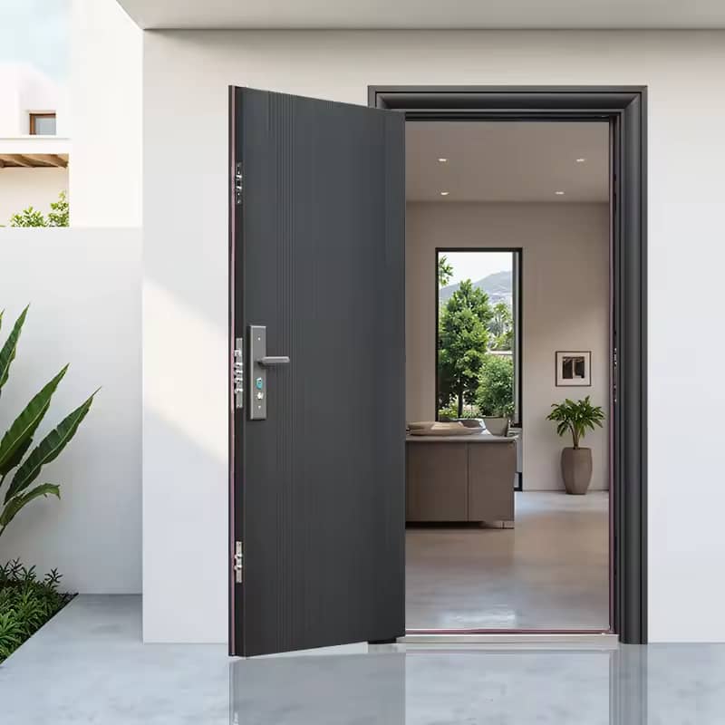 Puerta de entrada de acero de estilo moderno, puerta de seguridad antirrobo, entrada para apartamentos comerciales, apertura lateral, exterior, jardín.