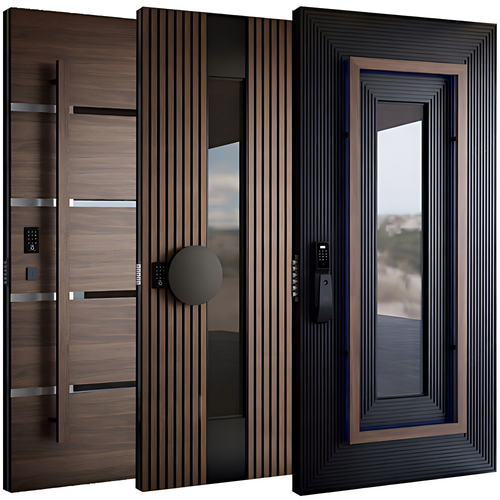 Puertas de entrada principales modernas de estilo americano contemporáneo para casas, puertas pivotantes exteriores modernas.