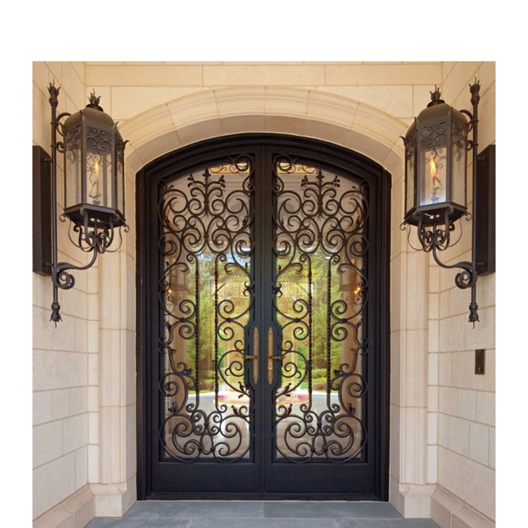 Puerta de entrada principal de lujo DERCHI con cristal y hierro forjado, puertas de entrada grandes.