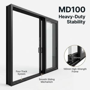 Puerta corredera de aluminio de cuatro paneles con triple acristalamiento y cuatro rieles, con aislamiento térmico y clasificación energética, a prueba de corrientes de aire.