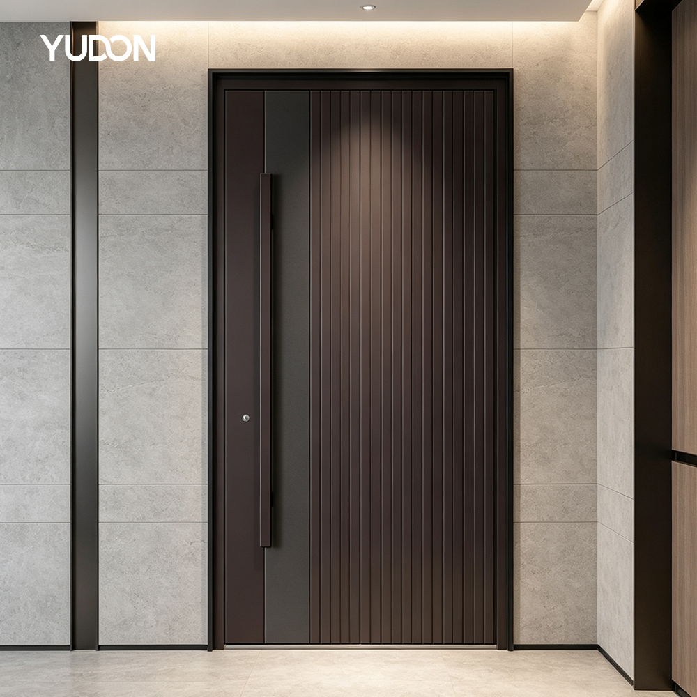 Puerta exterior de aluminio para villa YUDON DOOR, puerta de entrada metálica con cerradura multipunto y panel lateral insonorizado. Servicio OEM/ODM.