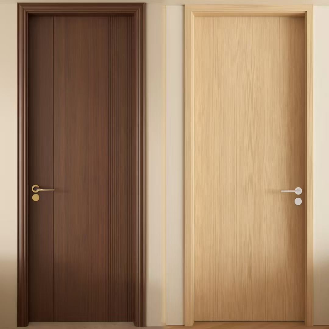 Puertas de entrada principales modernas, impermeables y personalizadas, con acabado de chapa de MDF y puerta principal pivotante de madera insonorizada para proyecto de villa hotelera.