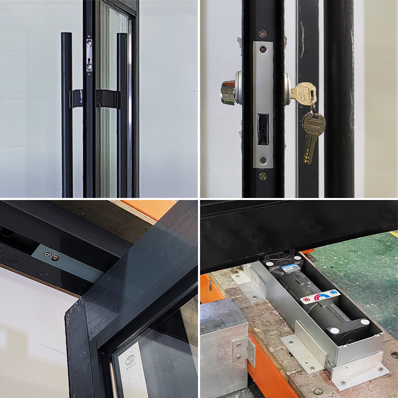 Puertas pivotantes de la serie Slimline de la fábrica Foshan: marco con aspecto de acero y cristal.