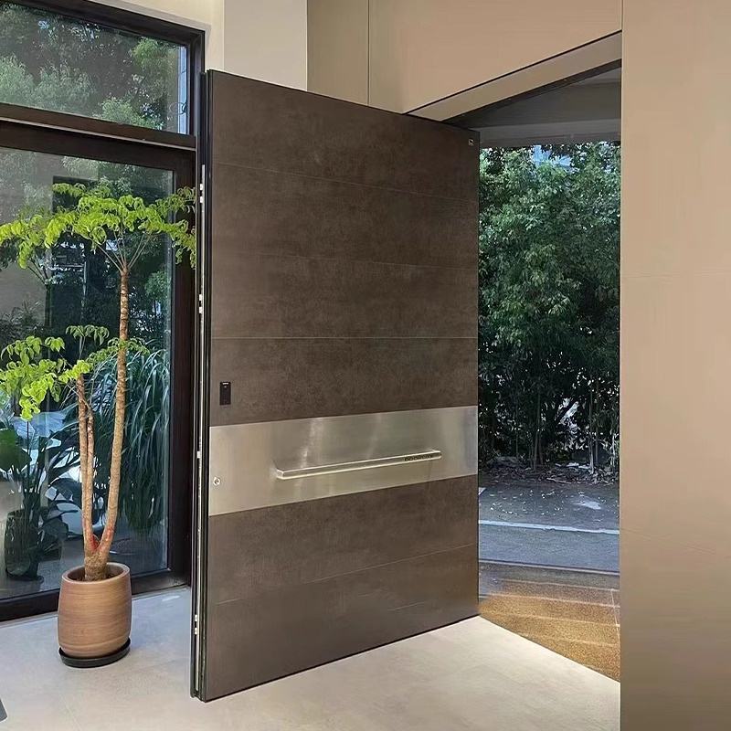 Puerta doble para villa, portón de aluminio fundido, entrada con eje central, sistema de puente roto, vidrio dividido con vetas de madera, puerta pivotante de eje excéntrico