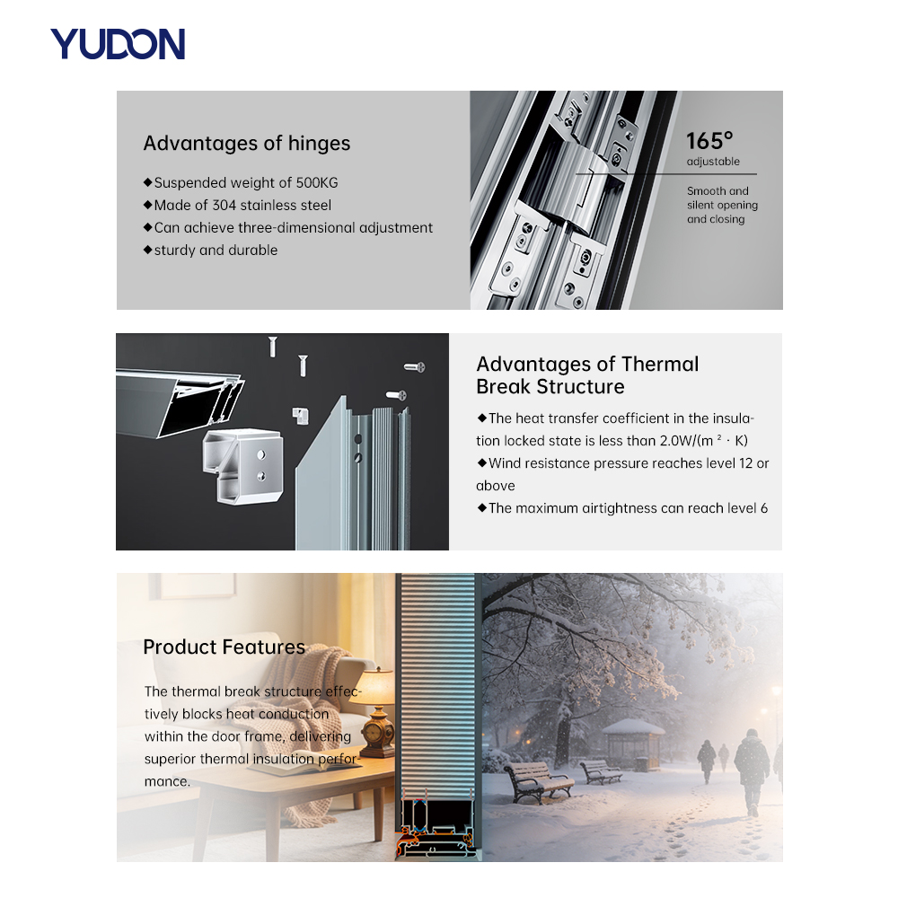 Puerta exterior de aluminio para villa YUDON DOOR, puerta de entrada metálica con cerradura multipunto y panel lateral insonorizado. Servicio OEM/ODM.