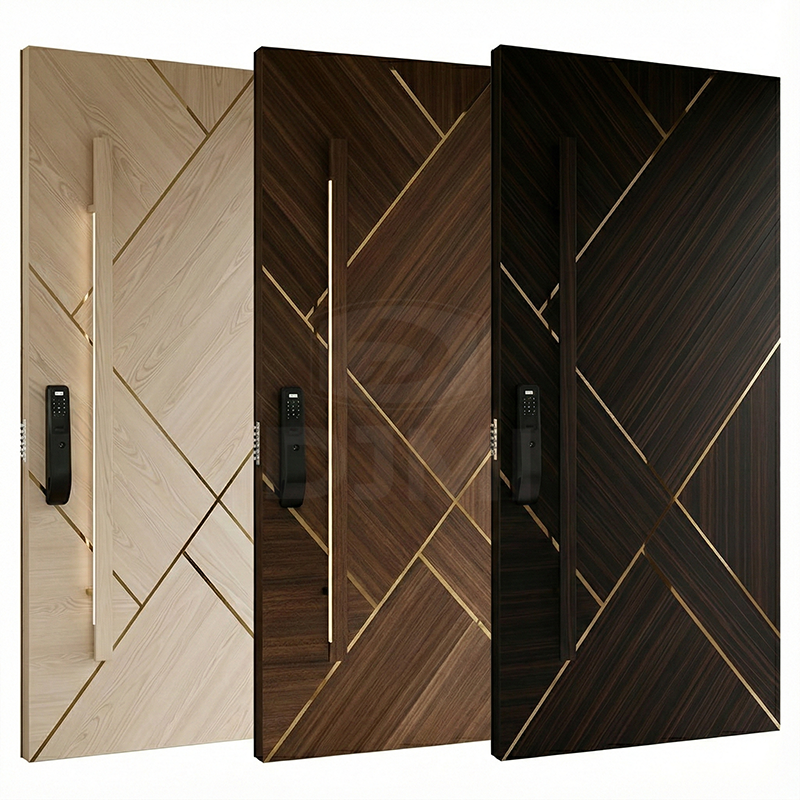Lujosa puerta de entrada principal de madera maciza de diseño irregular y fluido para viviendas residenciales modernas.