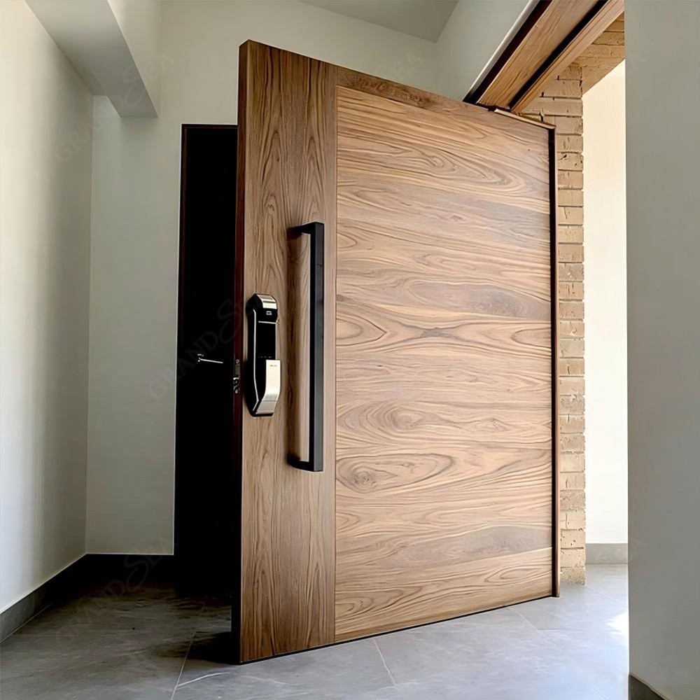 Puerta de entrada pivotante moderna de una sola hoja con cerradura inteligente integrada y manija larga oculta. Puertas de entrada personalizadas para villas.