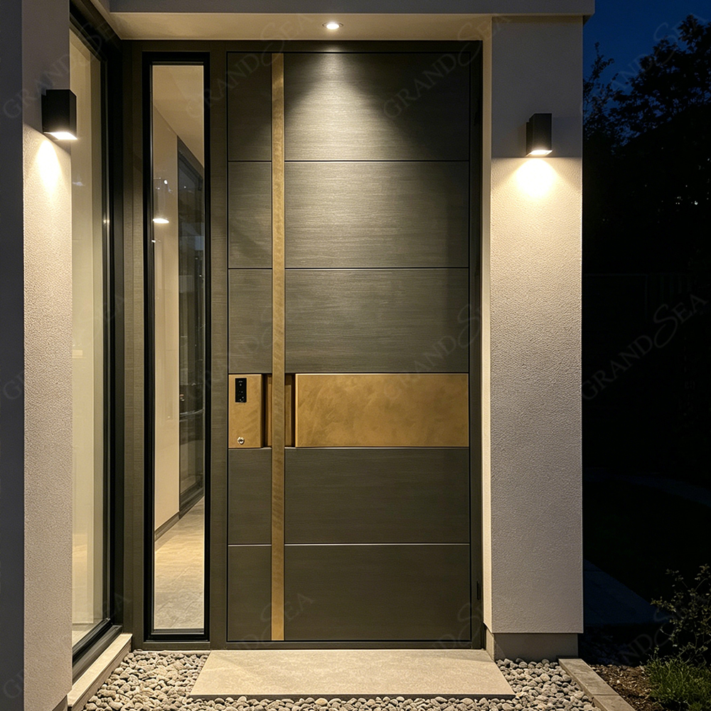 Puerta pivotante de acero inoxidable con tirador largo