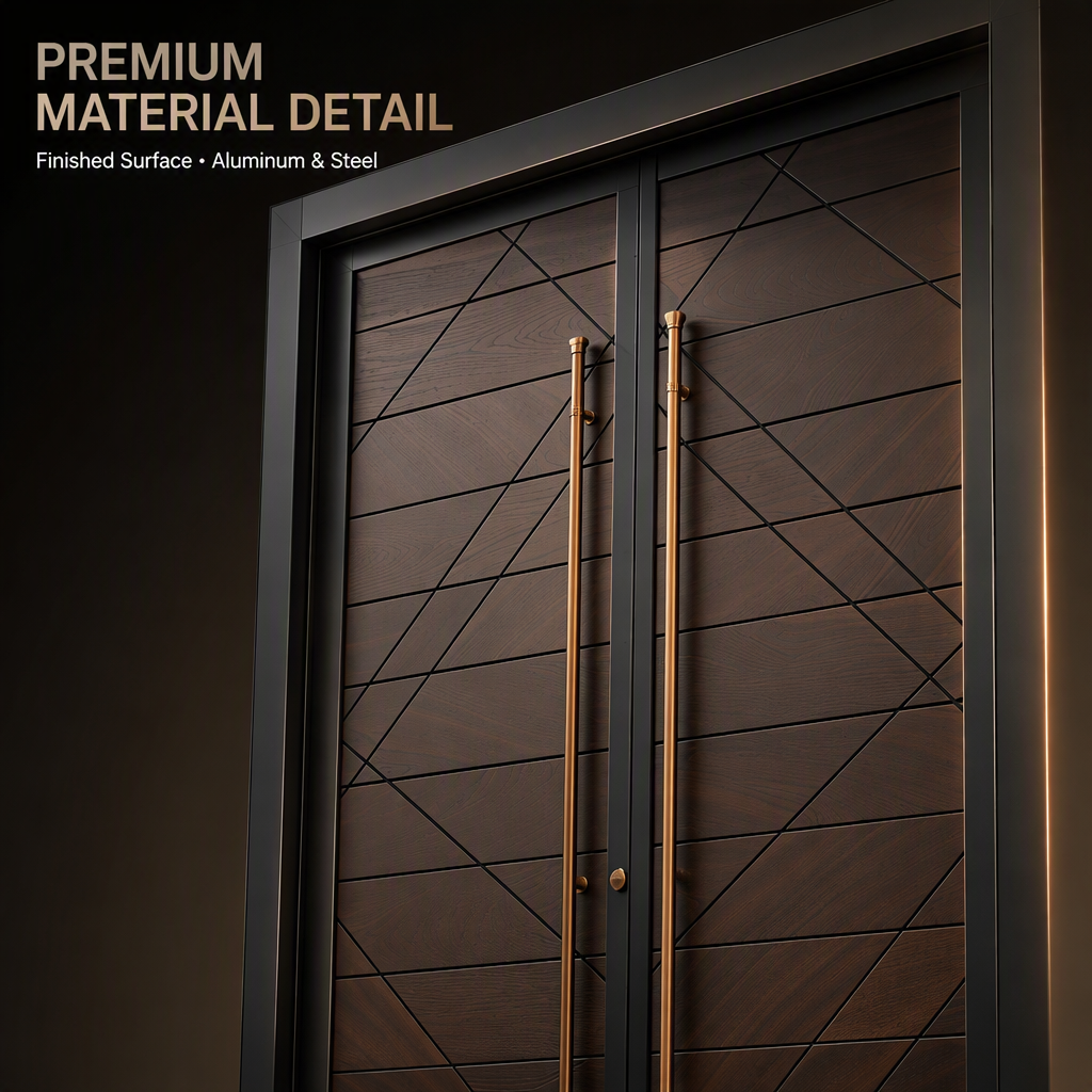 Detalle de cerradura de doble cilindro y estructura metálica de puerta exterior