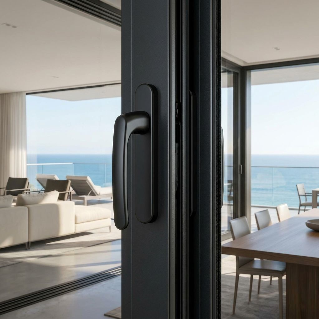 Puerta corredera de aluminio de cuatro paneles con triple acristalamiento y cuatro rieles, con aislamiento térmico y clasificación energética, a prueba de corrientes de aire.