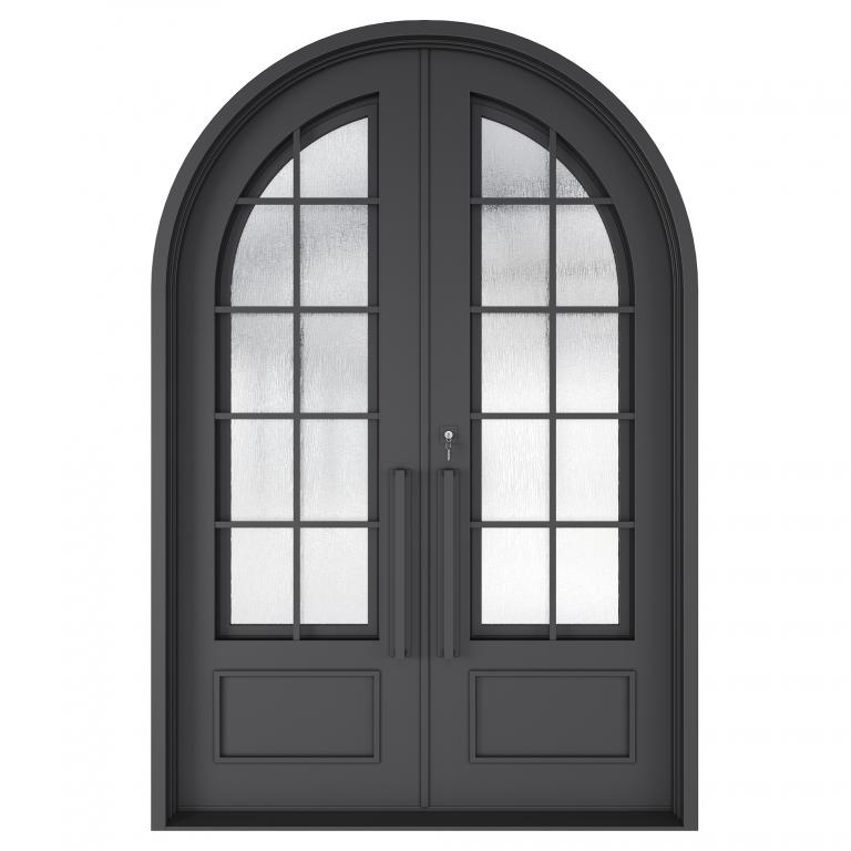 Puerta de hierro forjado con parte superior redondeada, puertas de entrada arqueadas, puertas exteriores dobles de hierro con vidrio, diseño moderno a medida.