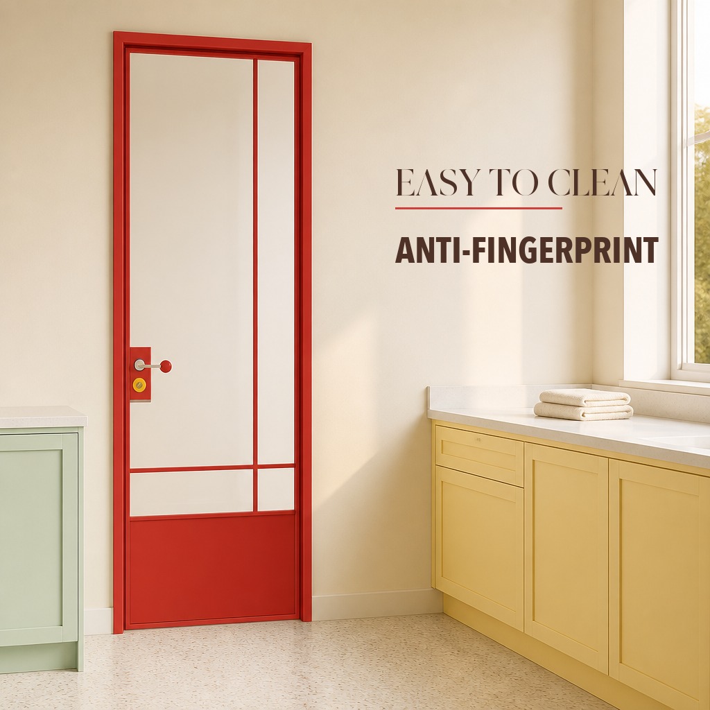 Puerta abatible de aleación de aluminio, resistente a la humedad y a la corrosión, con acabado de vidrio, para tabiques interiores, ideal para baños, cocinas y hospitales.