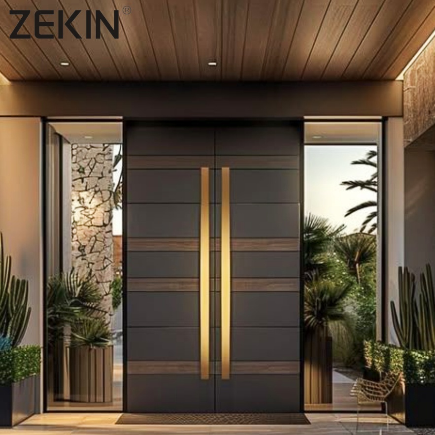 Puerta doble de aluminio ZEKIN para entrada principal de casas, puerta de cristal de lujo, antirrobo, puertas exteriores dobles para entrada principal, puerta doble de entrada.
