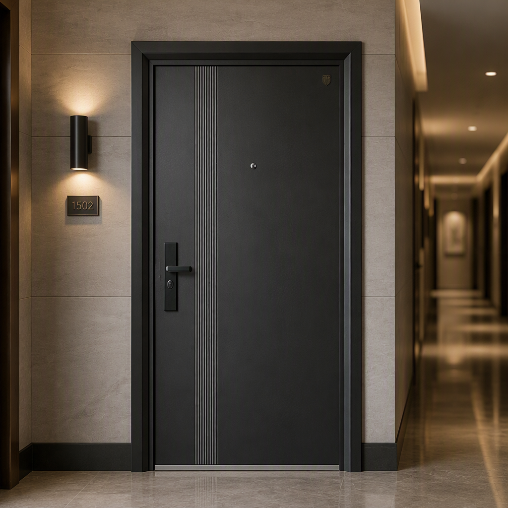 Puerta de entrada de acero de estilo moderno, puerta de seguridad antirrobo, entrada para apartamentos comerciales, apertura lateral, exterior, jardín.