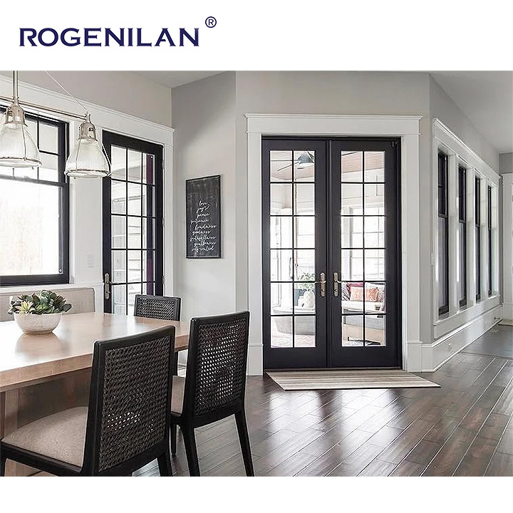 Rogenilan, proveedor chino de puertas y ventanas de aluminio a medida, puerta francesa doble fija de cristal grande para viviendas.
