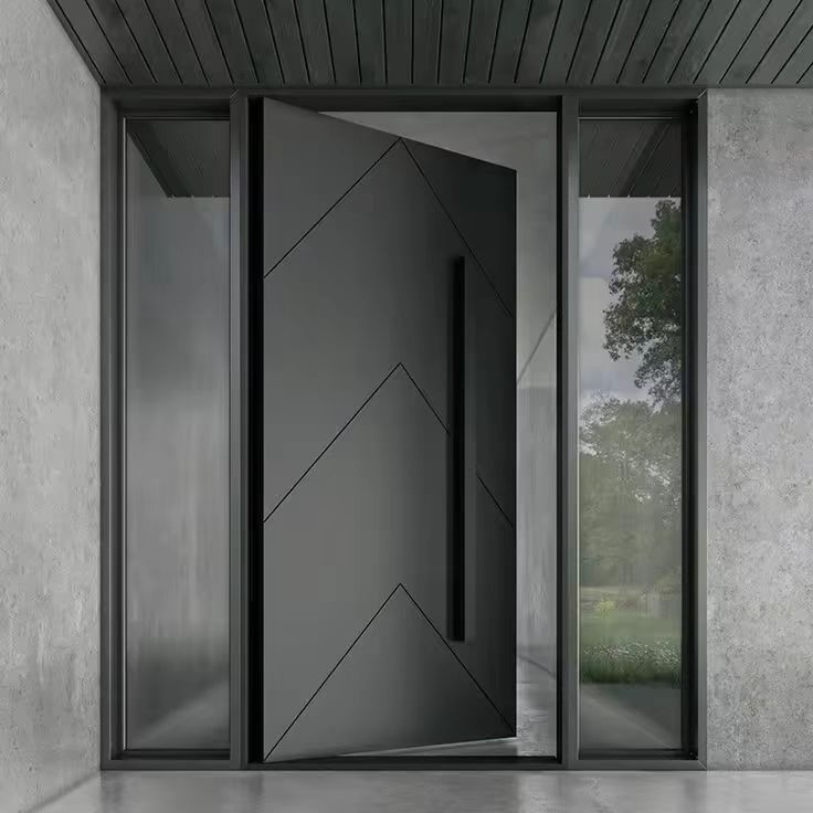 Puerta pivotante moderna antirrobo, de aluminio minimalista, para entrada exterior en apartamentos y villas.