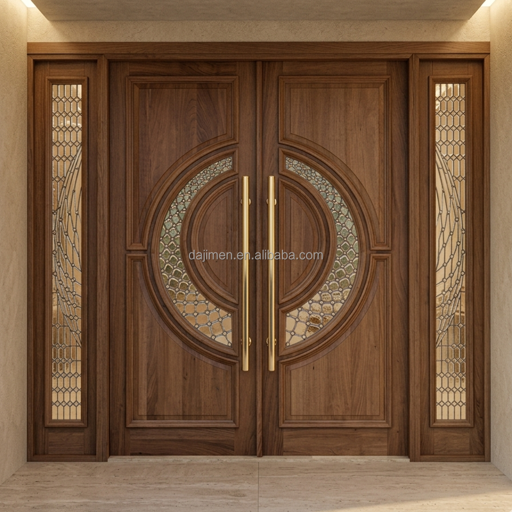 Villa residencial de lujo con entrada de gran tamaño y puerta doble de madera maciza. Puerta de entrada exterior.