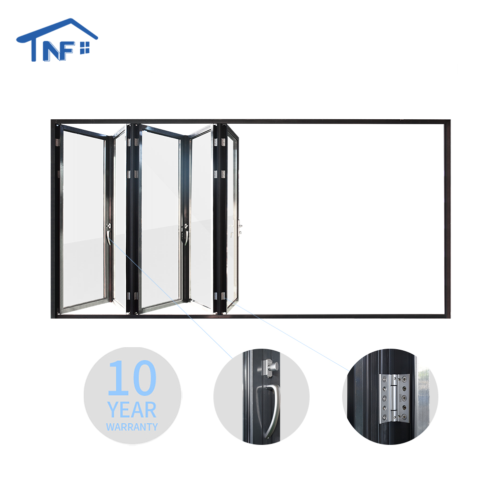 Puertas exteriores plegables de doble panel de vidrio sin marco, de aleación de aluminio, para hoteles modernos, con aislamiento térmico y certificación CE.