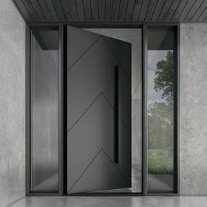 Puertas pivotantes de entrada exterior de gran tamaño, modernas, de madera maciza negra y aluminio.
