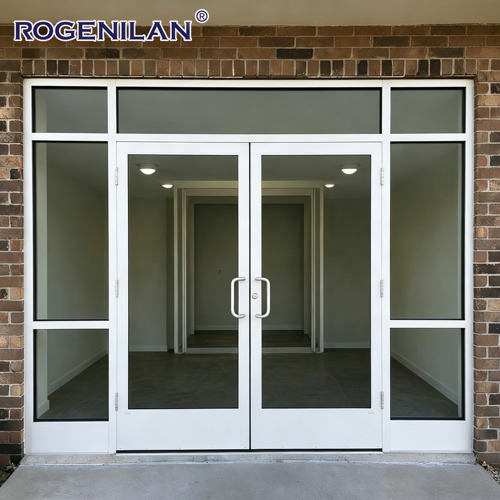 Puerta de entrada comercial de seguridad de aluminio a medida Rogenilan, con vidrio templado exterior y doble hoja batiente.
