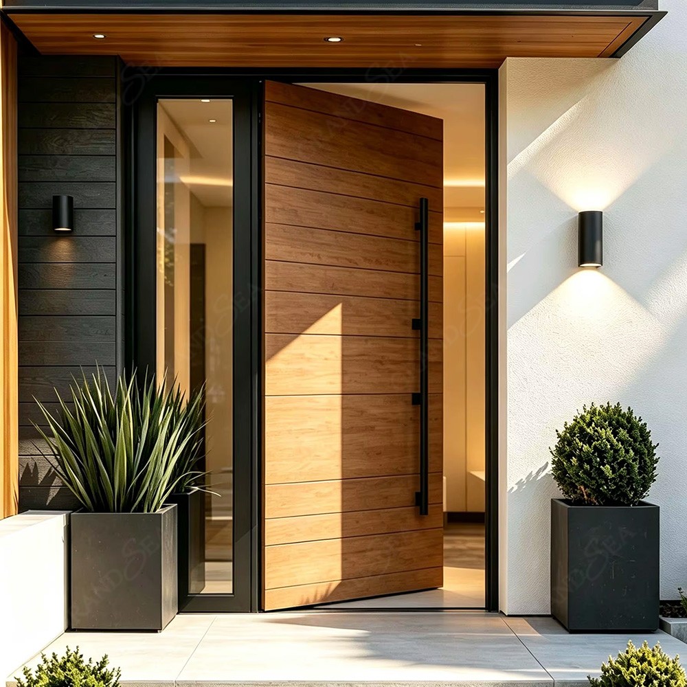 Puerta de entrada pivotante moderna de una sola hoja con cerradura inteligente integrada y manija larga oculta. Puertas de entrada personalizadas para villas.