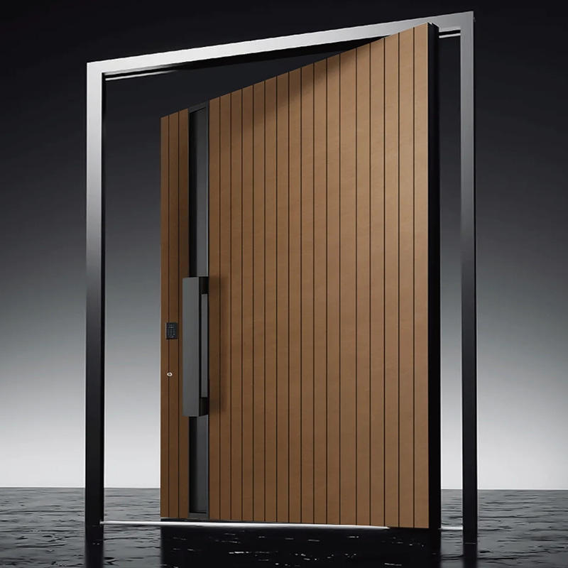 Puerta doble para villa, portón de aluminio fundido, entrada con eje central, sistema de puente roto, vidrio dividido con vetas de madera, puerta pivotante de eje excéntrico