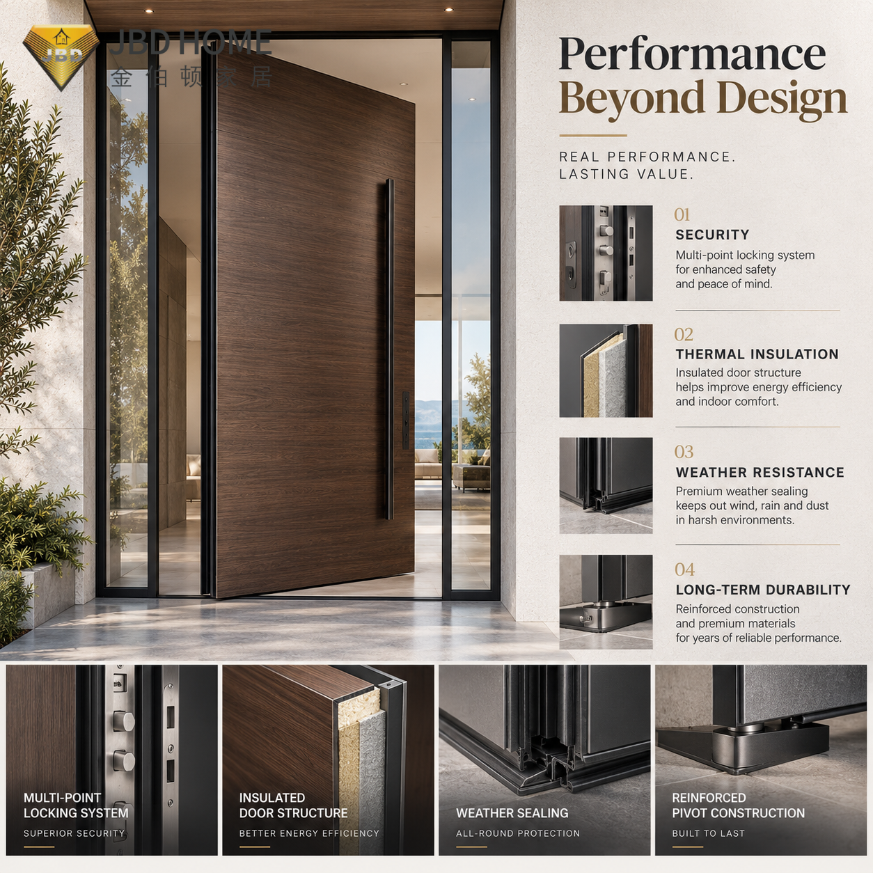Puertas de entrada pivotantes modernas de madera maciza OEM/ODM, sistema de entrada de seguridad exterior, hechas a medida para villas y hoteles.
