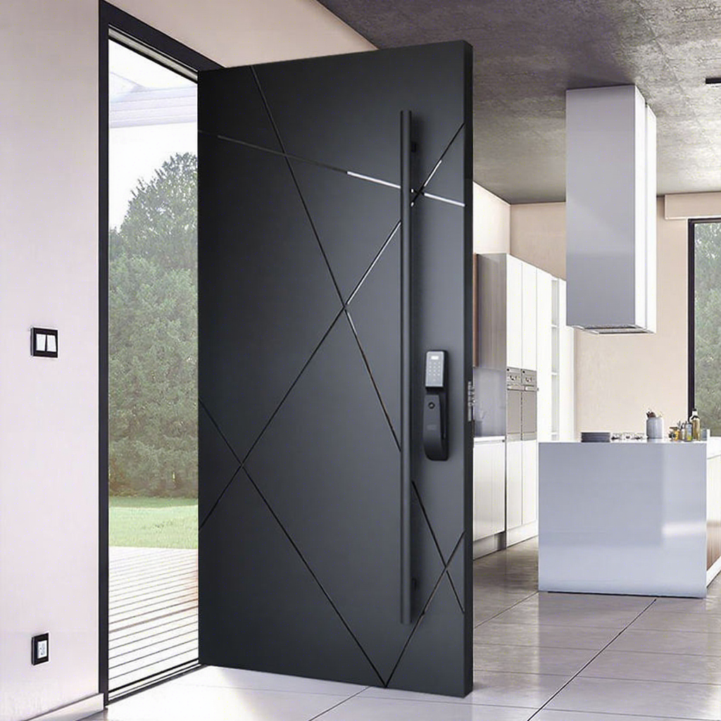 Puerta de entrada pivotante moderna de lujo, color gris oscuro, con relieve geométrico 3D, incrustaciones de metal dorado y tira de LED integrada.